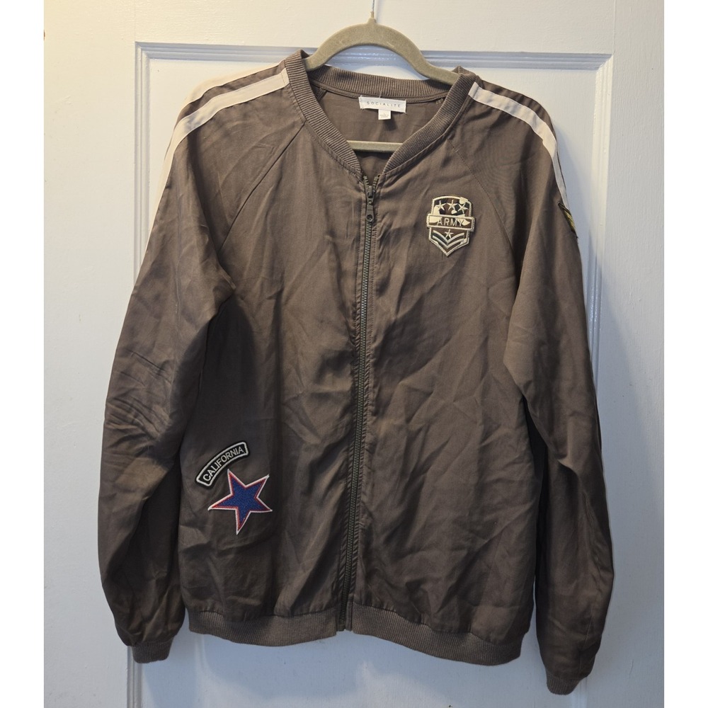 Socialite Women's Cropped Gray Army Jacket Tencel Blend Embroidered Patches L